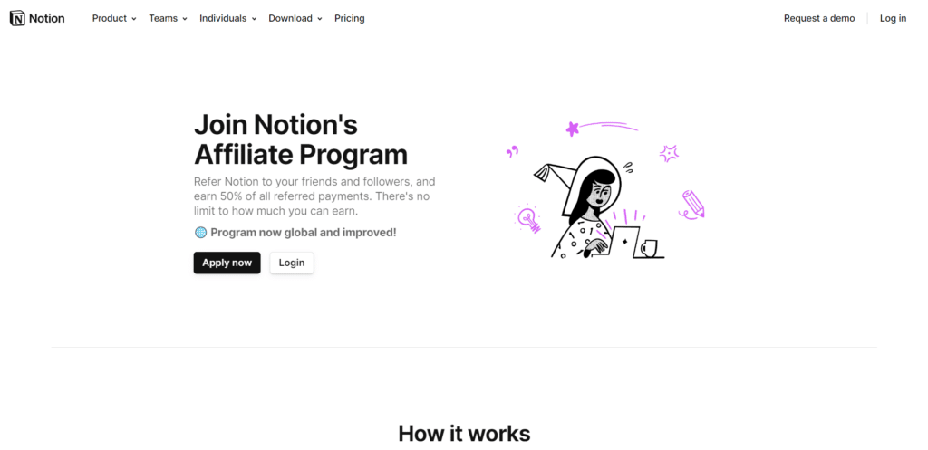 Notion affiliate program landing page