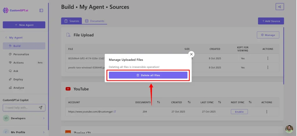 delete all files buttons