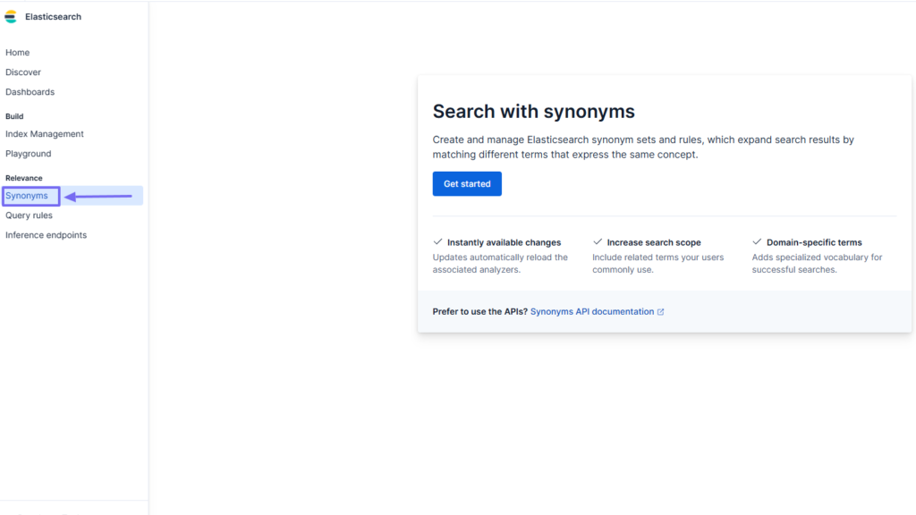 Synonyms setup screen with get started button