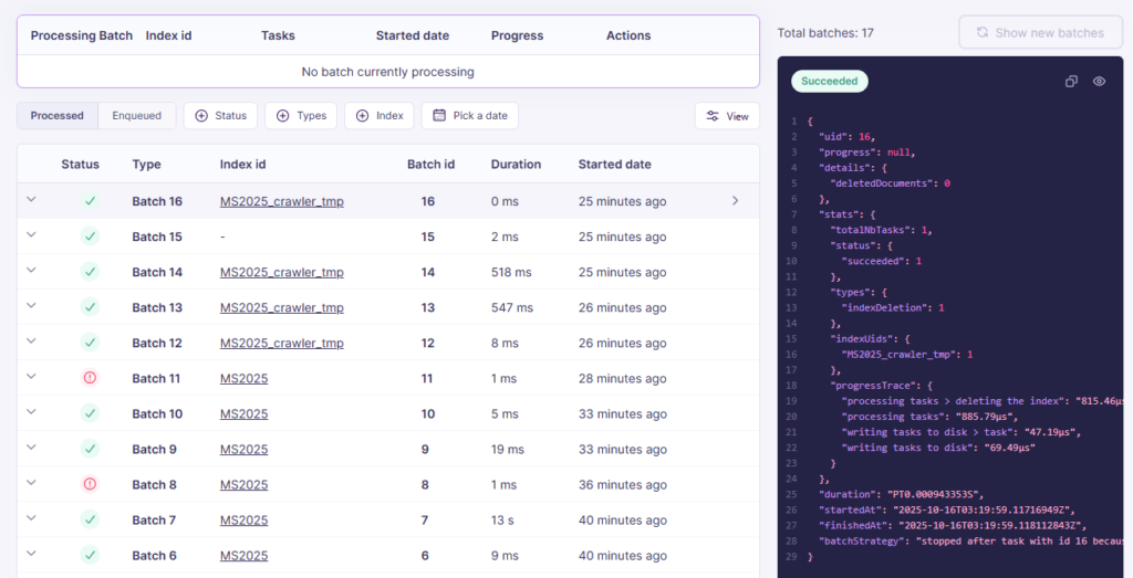 batches dashboard on enterprise search software