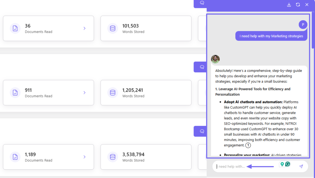 chat between user and customgpt.ai copilot