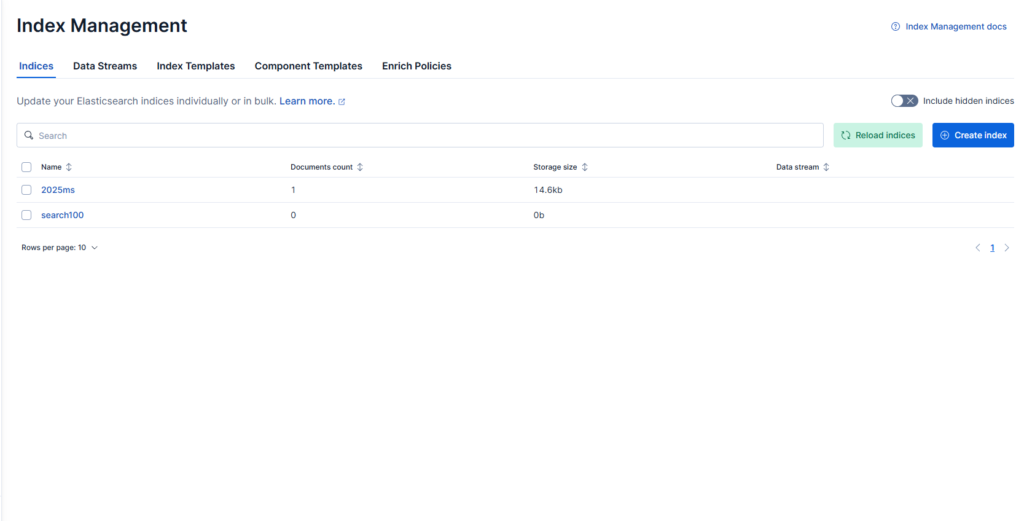elastic enterprise search index management page