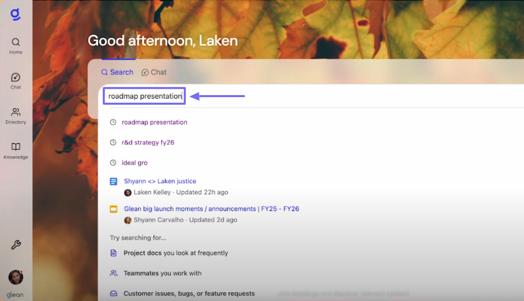 glean homepage and search bar