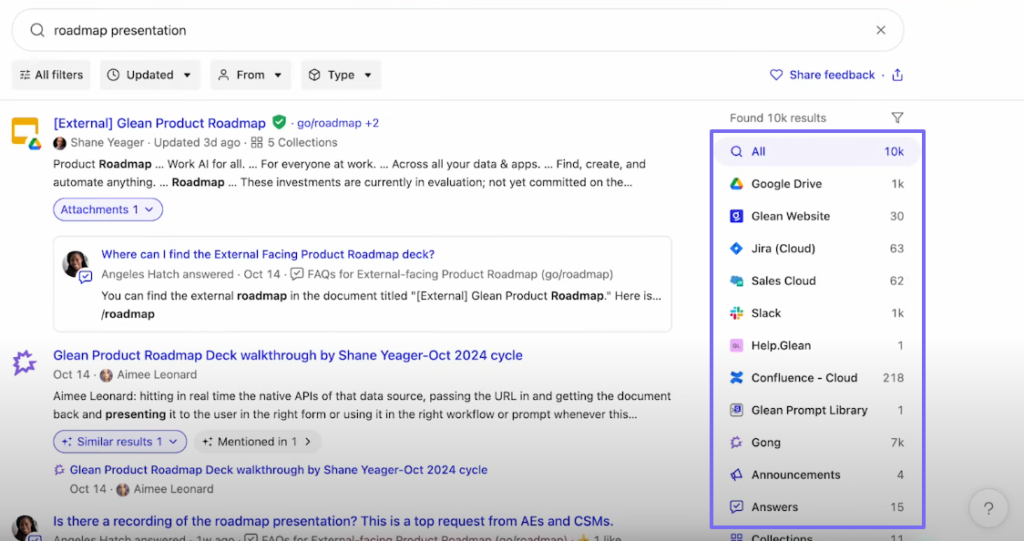 glean search results page