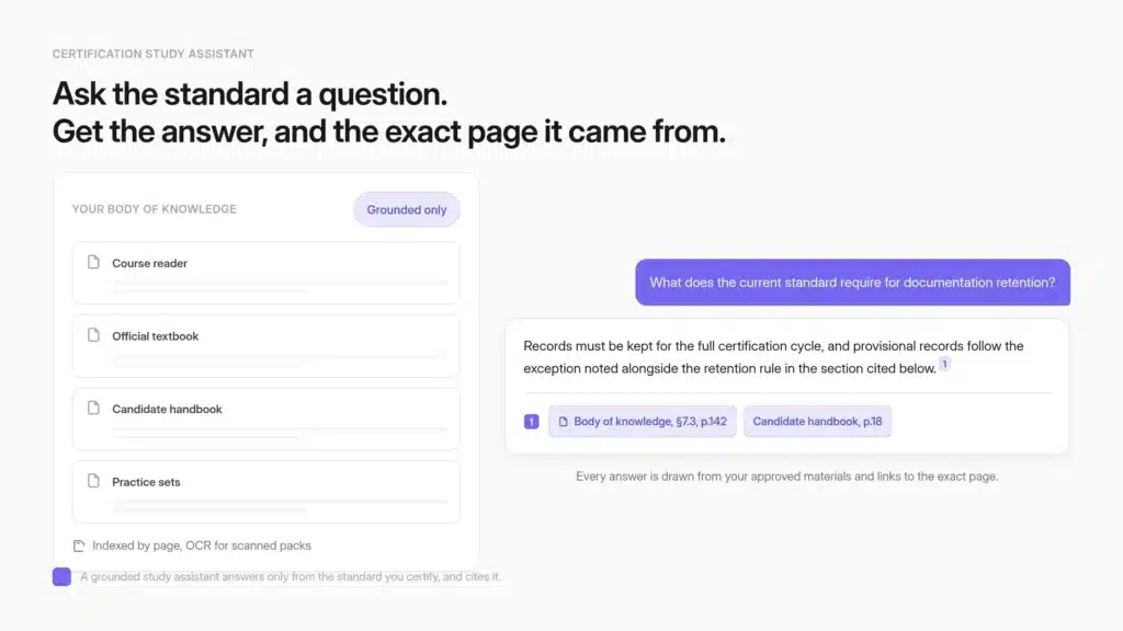 A certification candidate receives an AI study answer with a numbered citation linking back to the official course materials it was drawn from.