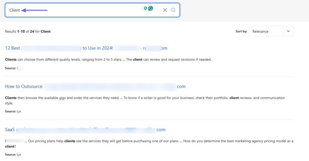 search results page for client