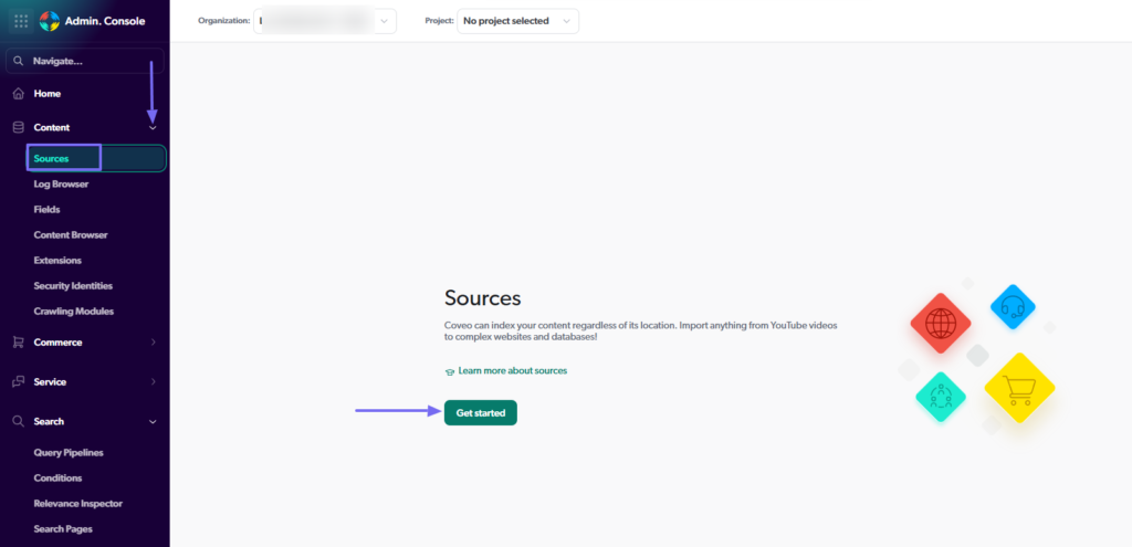 sources page with get started button