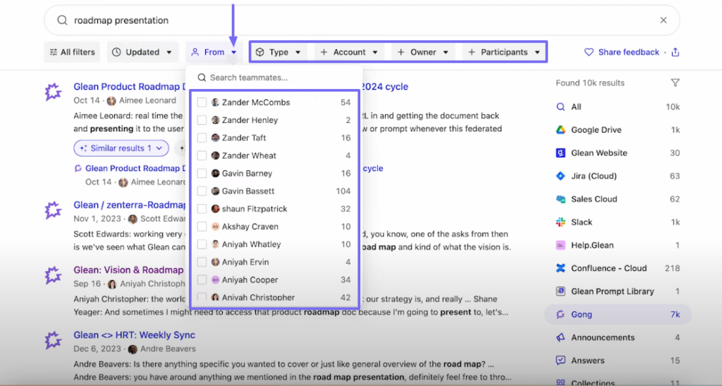 teammate list on enterprise search software