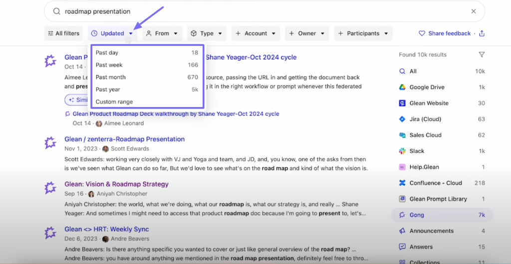 updated feature on glean search results page