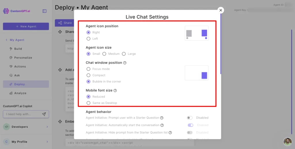live chat settings