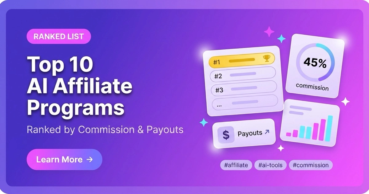 Top 10 AI affiliate programs banner with #1 ranking card, 45% commission gauge, and payouts indicator on purple gradient