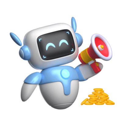 AI bots mascot robot holds a red-yellow megaphone beside a stack of gold coins, with smiling screen eyes.