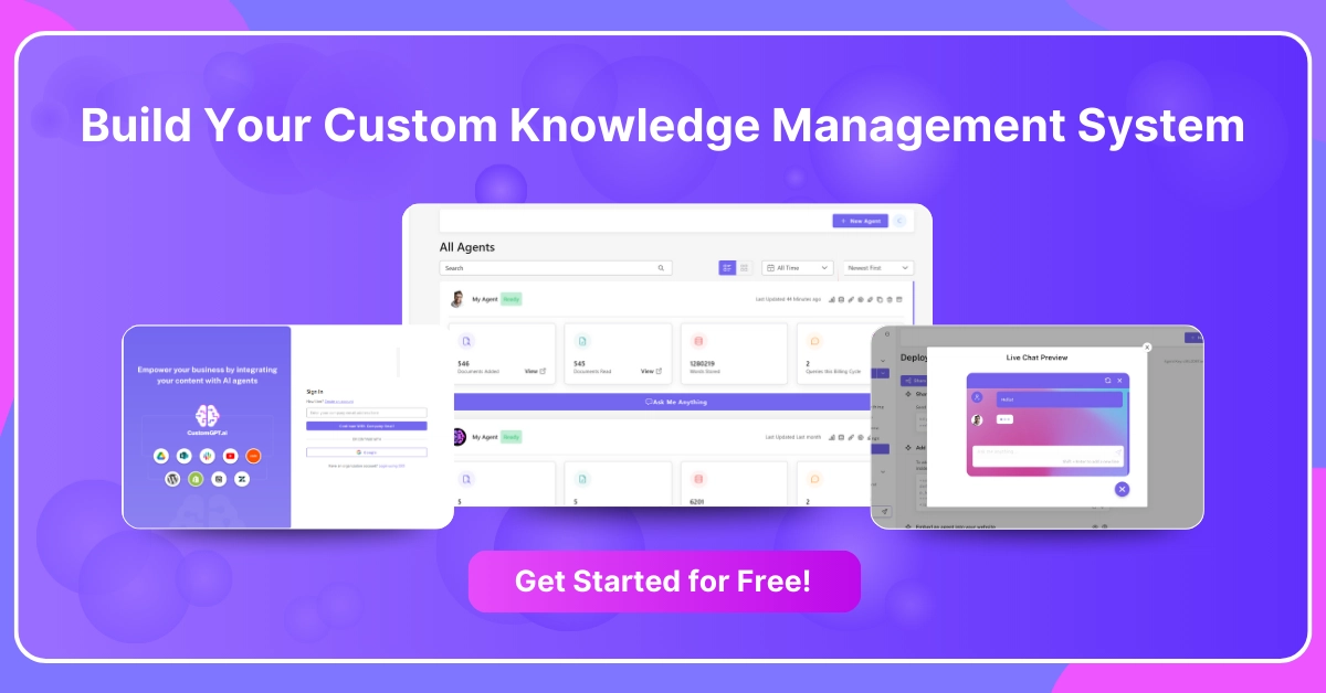 The image features a promotional graphic for building a custom knowledge management system. The background is a gradient of purple and pink with circular patterns. In the center, there is a large text that reads 'Build Your Custom Knowledge Management System' and a button below it that says 'Get Started for free'. The image also includes screenshots of a dashboard and settings interface labeled 'CustomGPT's Team Dashboard' and 'Agent Settings'. These interfaces display various metrics and settings options related to knowledge management.