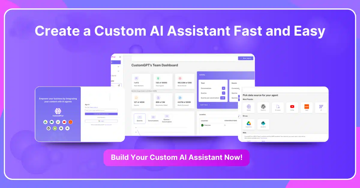 The image features a promotional graphic for creating a custom AI Assistant. It has a purple background with a white border. On the above, bold white text reads 'Create Your Own Custom AI Assistant' with a pink button below stating 'Build Your Custom AI Assistant Now!' The overall design is modern and tech-oriented, emphasizing user-friendly AI customization.