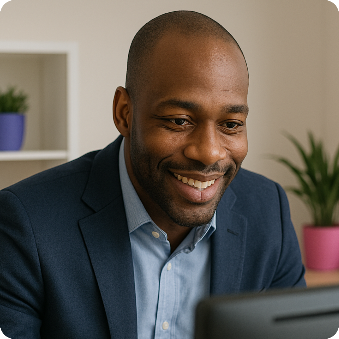 Smiling Black man in a navy suit working at his computer in a modern office with purple and pink decor accents.