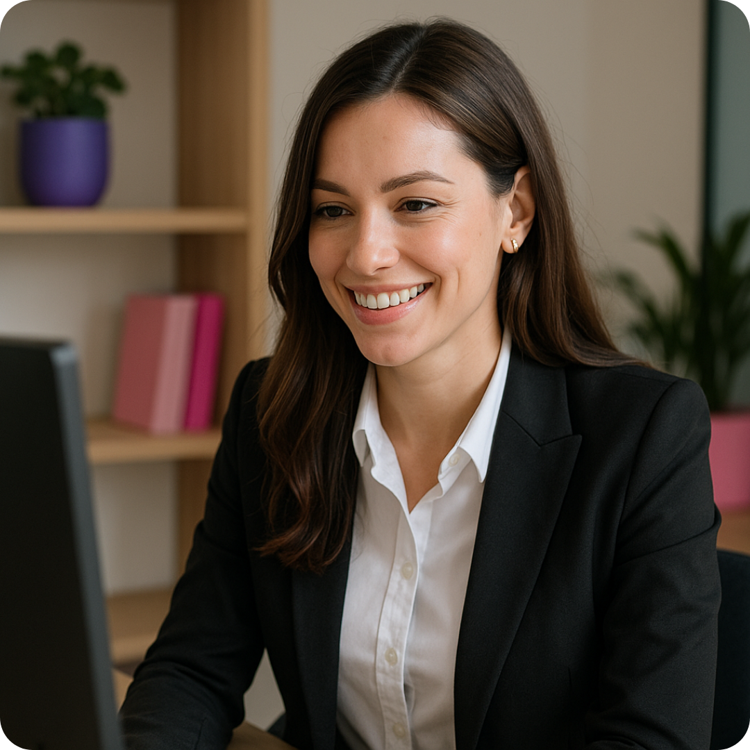 Professional young woman with long brown hair smiling warmly at her computer in a modern office with natural lighting and purple and pink decorative accents.