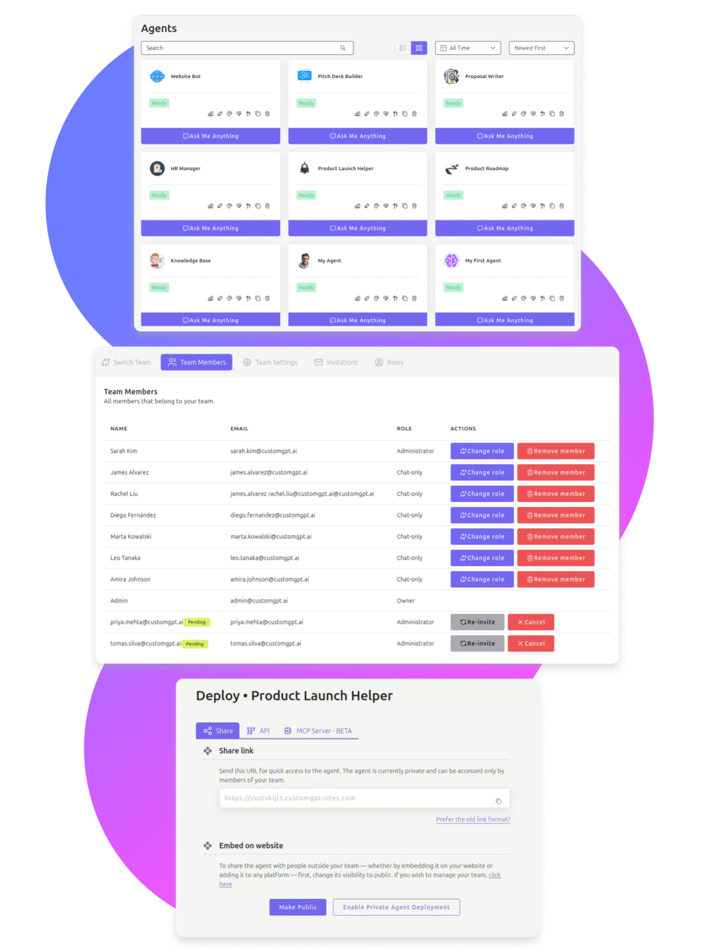 Three screenshots of the CustomGPT.ai Teams interface demonstrating secure, role-based access controls, AI-powered enterprise search, and team collaboration features at scale.
