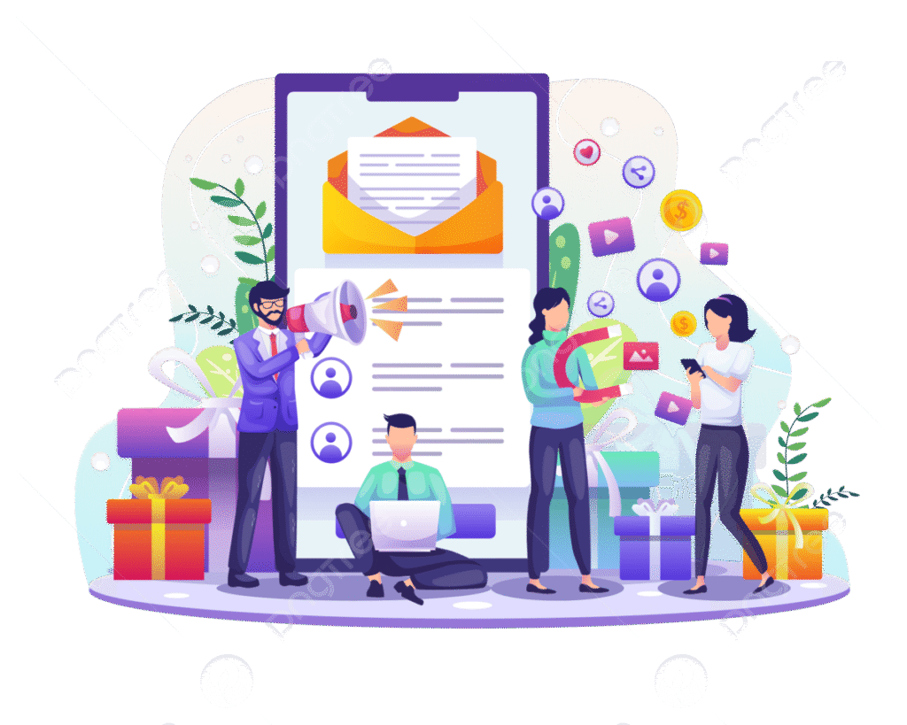 The image is an illustration depicting a referral and affiliate marketing concept. It features a large smartphone screen displaying an envelope with a letter, symbolizing communication or email marketing. Surrounding the smartphone are three people: a man in a suit with a megaphone, a woman holding a gift box, and another person using a smartphone. There are various icons around them, such as social media symbols, indicating sharing and connectivity. Gift boxes and decorative elements like plants are also present, adding to the theme of rewards and partnerships.