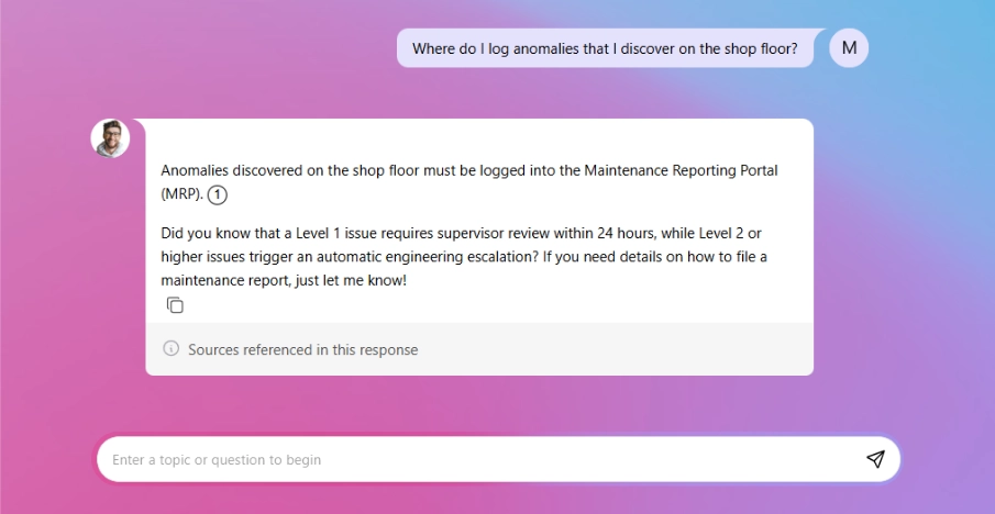 CustomGPT.ai AI enterprise search assistant responding to a shop floor worker’s question about where to log anomalies, showing instant access to company procedures.