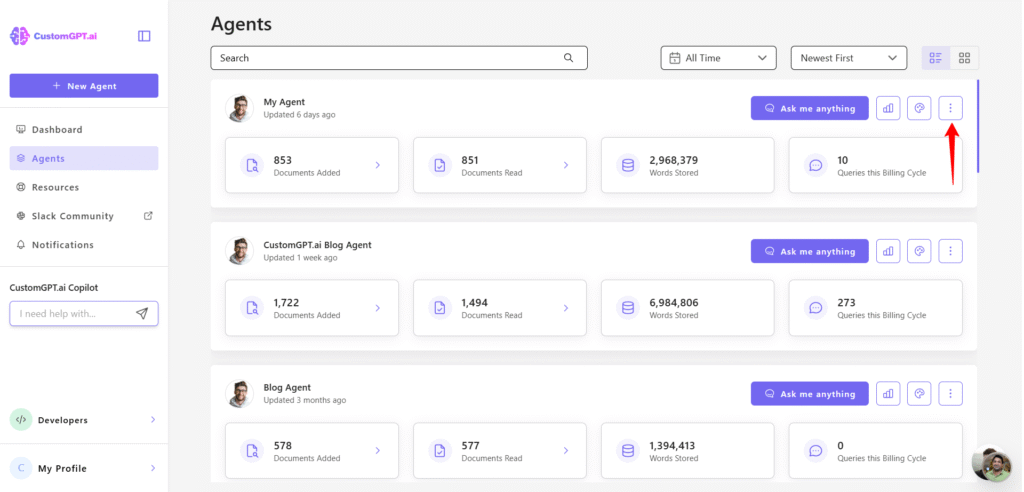 CustomGPT.ai dashboard main menu