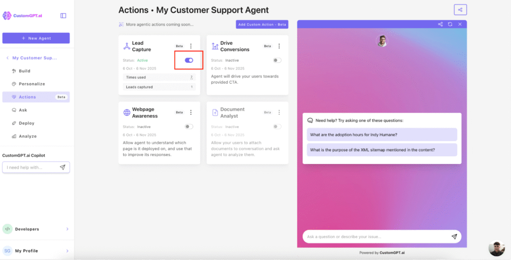 Enable Lead Capture on your website agent