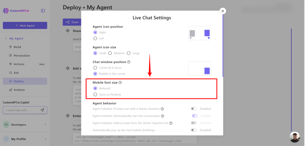 Live chat mobile front size settings