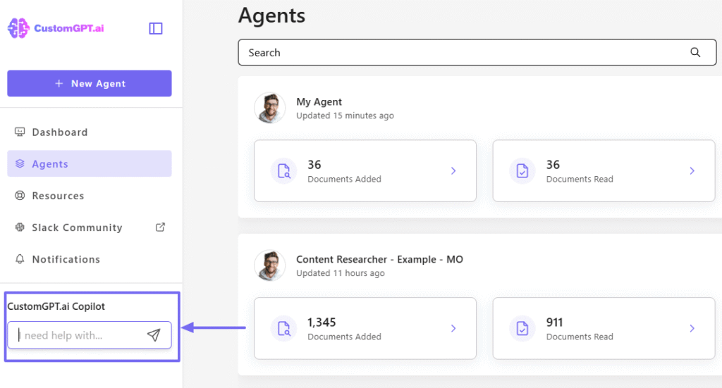 Agent dashboard showing activity and document counts