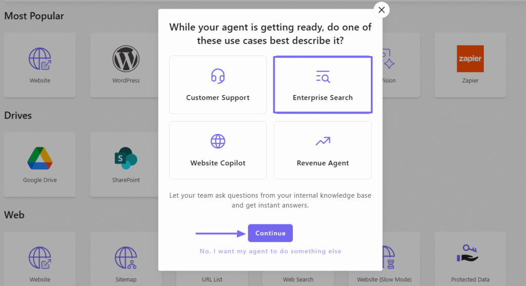 Agent setup window showing enterprise search option