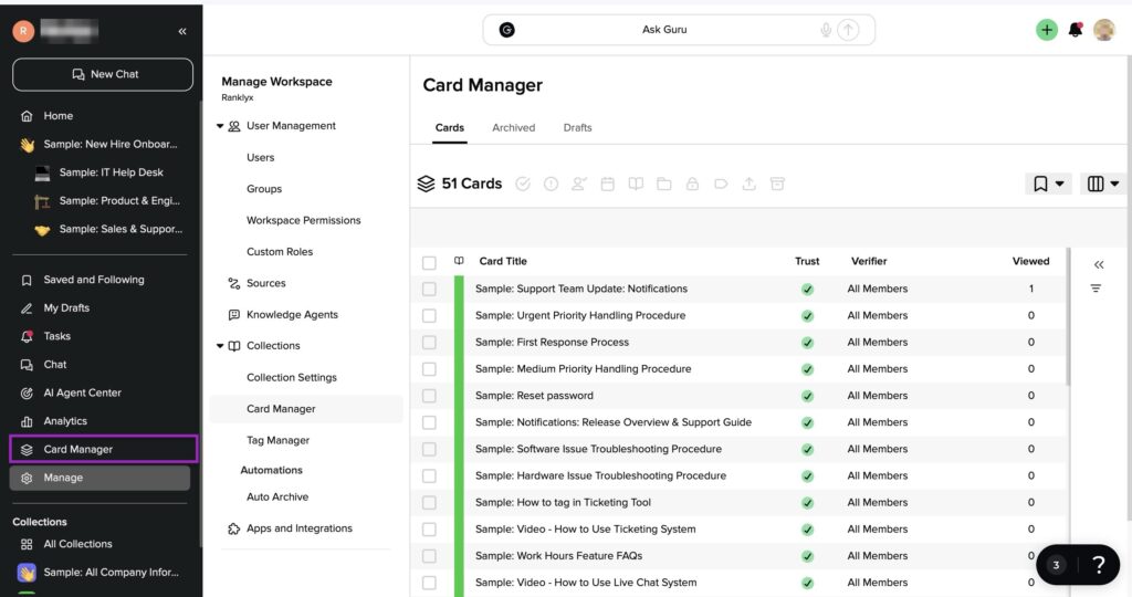 Best glean Guru card management displaying verified team procedure
