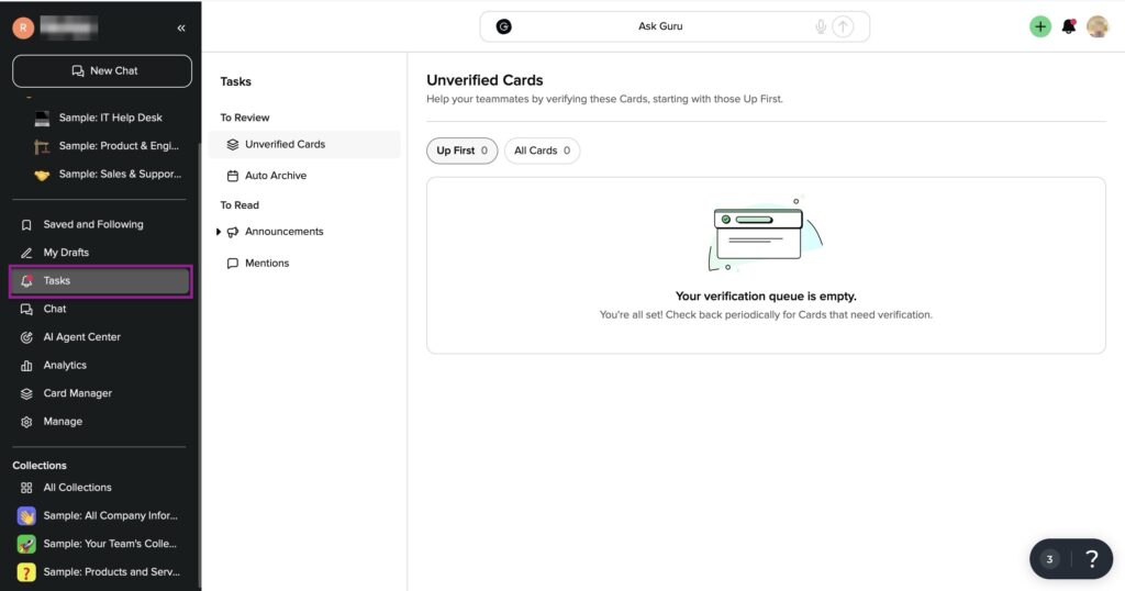 Best glean alternatives Guru tasks dashboard showing unveriefied cards list