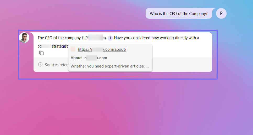 Chat assistant displaying CEO query and response window