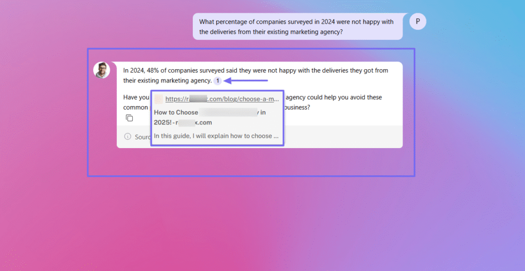 Chat interface displaying marketing survey response example