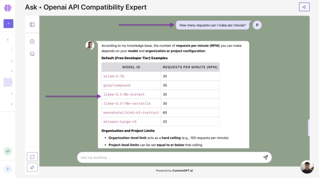 Chat interface showing API request rate limits by model and tier