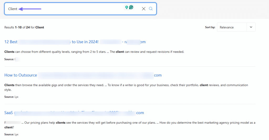 Client query in search results page