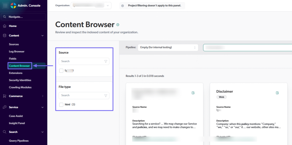 Content browser showing filtered source results