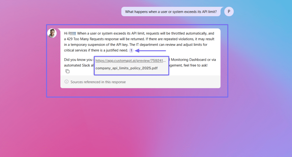 CustomGPT chat showing assistant response about API limit handling