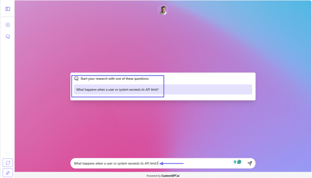 CustomGPT interface showing a user typing a question about API lmit behavior in the chat