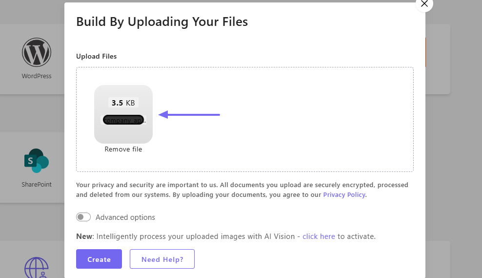 CustomGPT interface showing company file upload