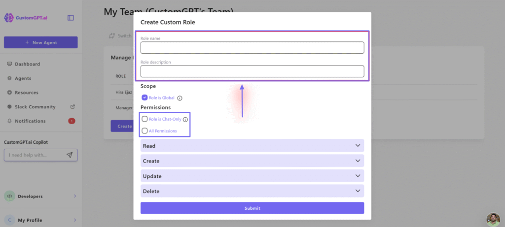 CustomGPT interface showing form for creating custom user roles
