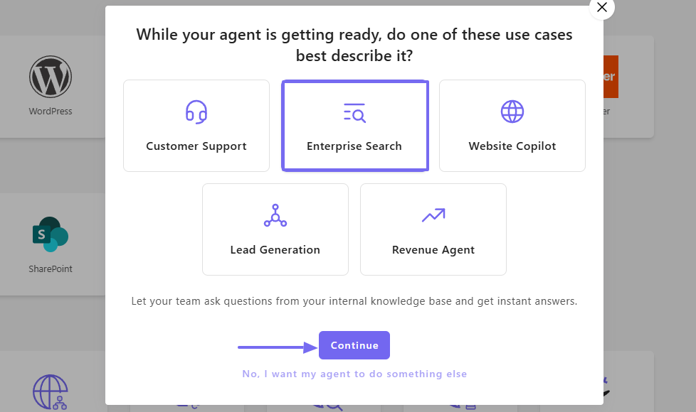 CustomGPT setup screen prompting user to choose an agent use case like enterprise search or customer support