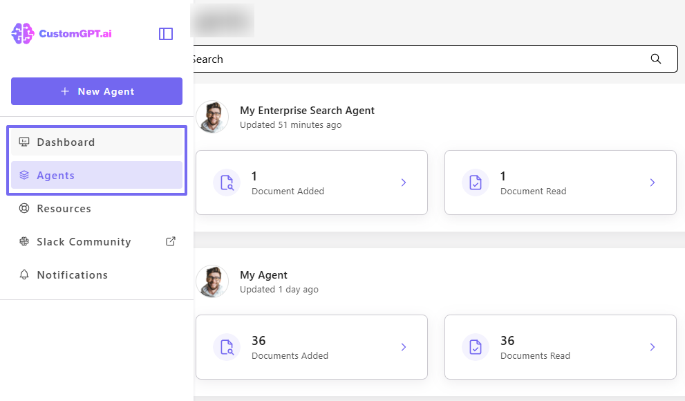 Dashboard showing created and documents
