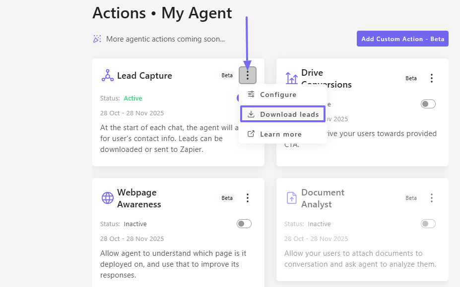 Dropdown showing lead capture download option