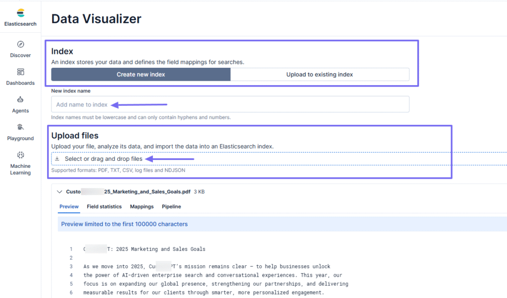 Elastic data visualizer interface for uploading files and creating new index