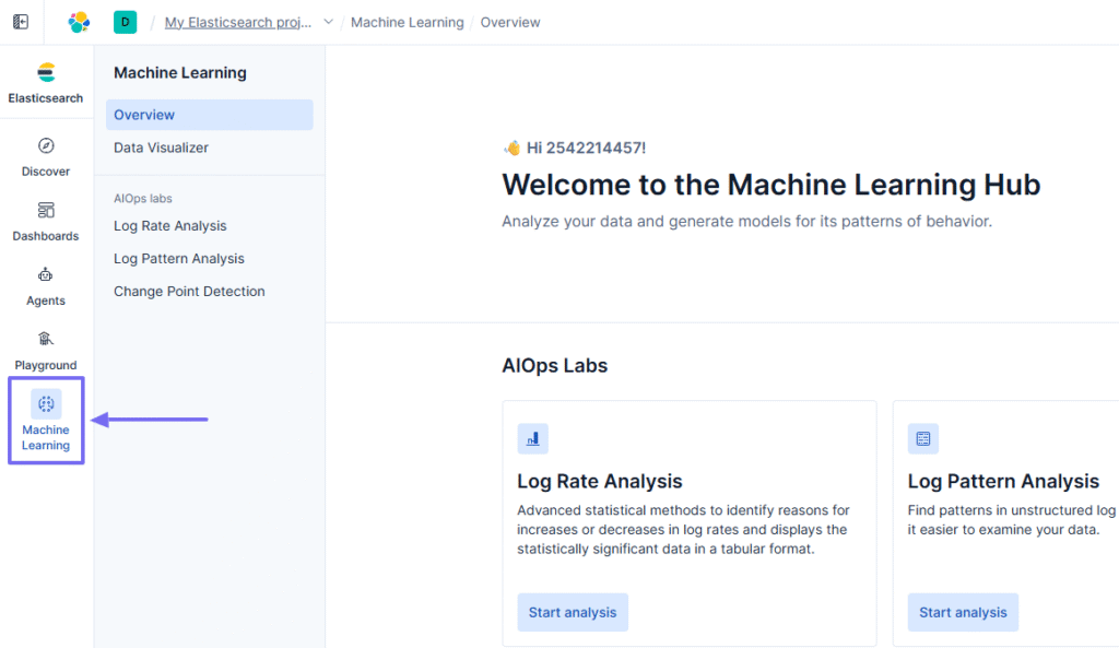 Elastic machine learning dashboard showing log rate and patern analytics options