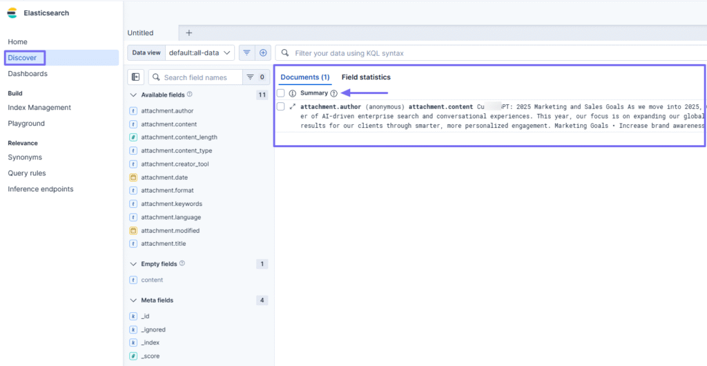 Elasticsearch discover view showing document summary panel