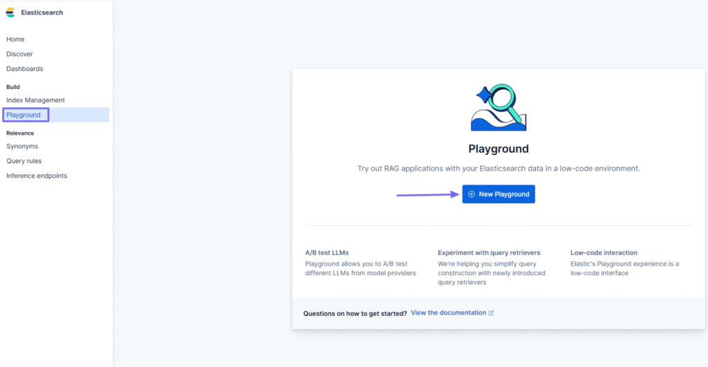 Elasticsearch playground start screen with new project button