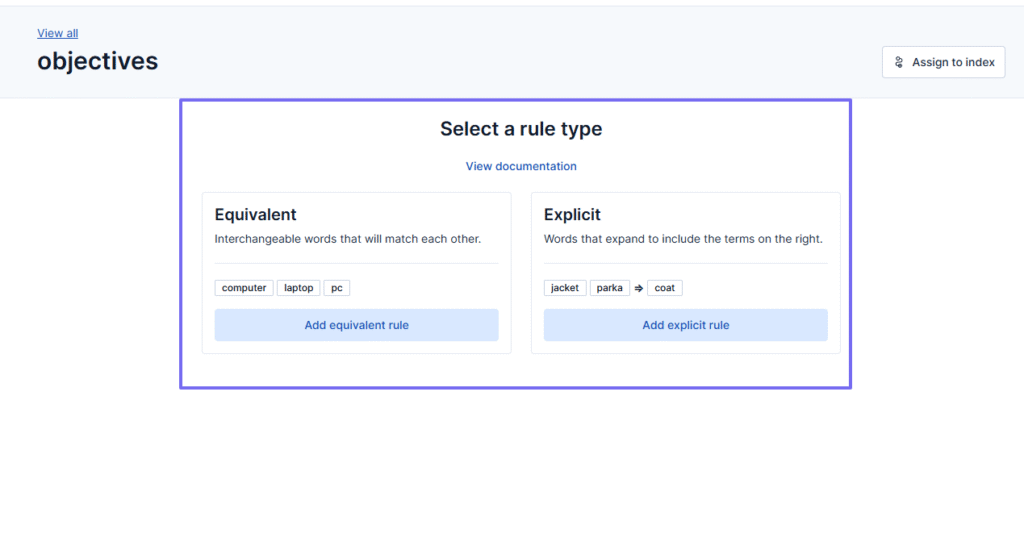 Elasticsearch synoym rule page showing equivalent options