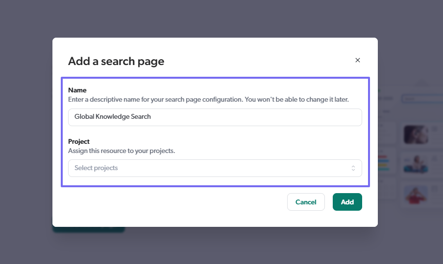 Fields for naming and assigning search page