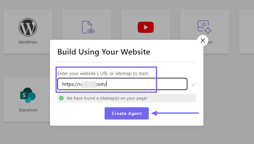 Form to build AI agent using website URL
