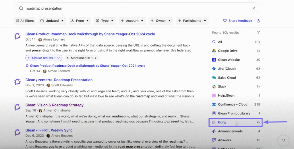 Glean search filtered by source type Gong